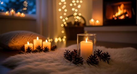 Illustration of cozy indoor scene with lit candles and a fireplace, creating a warm and inviting ambiance for relaxation