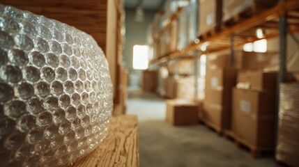 Obraz premium Ecofriendly bubble wrap in focus made from recycled plastic protecting fragile items with the rest of the storage room softly blurred illustrating sustainable cushioning