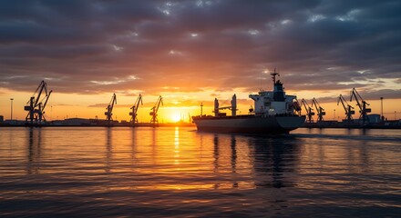 Obraz premium Cargo ship sailing in harbor at sunset with reflective ocean