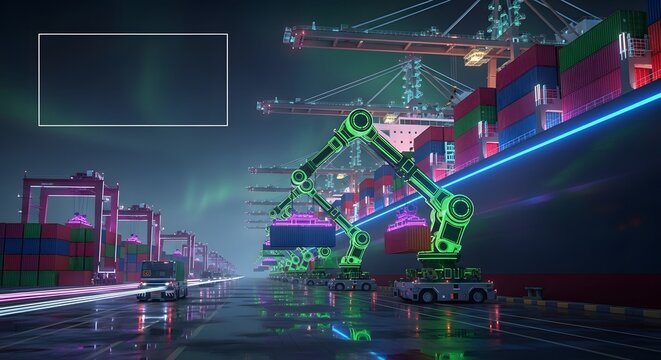Robotic Arms Loading Cargo Containers on Ships at a Futuristic Port