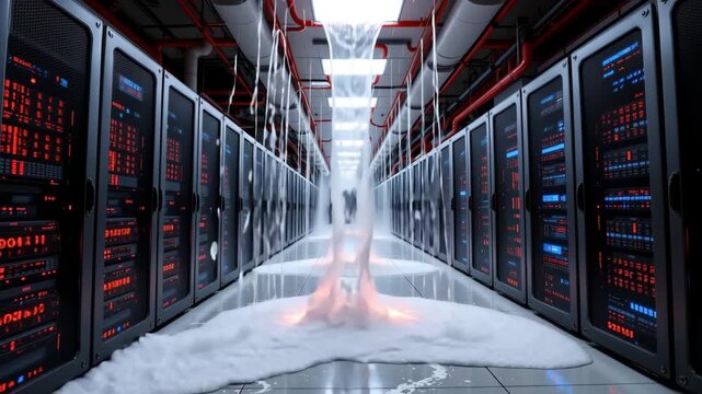 Data Center Flood: The image shows a dramatic scene of water flooding a data center, highlighting the potential risk of natural disasters for data storage.