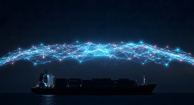 Digital Network Transmitting Data Over a Shipping Port Skyline