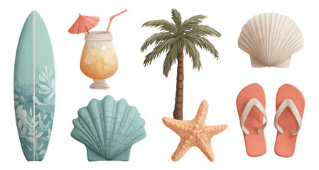 Colorful Beach Elements with Surfboard, Drink, Palm Tree, and Summer Accessories