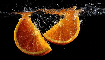 Two orange slices submerging in water, droplets splashing, dark background