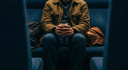 Man traveling subway train commute holding coffee cup jacket backpack travel urban lifestyle journey
