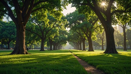 Obraz premium Sun Drenched Pathway Through Verdant Green Park with Towering Trees at Daytime Scenery