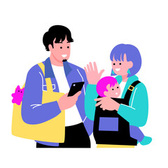 ポップでカラフルな親子のイラスト　スマホを持つ父親と笑顔の母親　