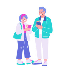 ポップでカラフルなシニア世代の男女　スマホを持つ夫婦