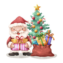 Watercolor cartoon illustration of santa claus and christmas scenes with gifts box and a festive tree . Hand drawn digital painting . transparency background .