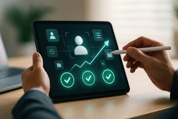 Tablet screen with holographic analytics icons for user profile growth charts and task checklists in business performance review
