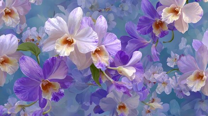 Beautiful seamless floral pattern with delicate purple and lavender orchids on a soft blue background, elegant botanical texture