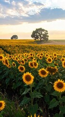 Obraz premium Sunflower Field at Sunset with Glowing Sun Warm Light and Dramatic Sky in Horizontal Orientation
