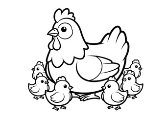 Cute Cartoon Chicken Mother with Chicks Coloring Page.