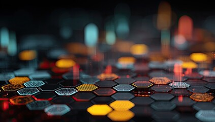 Abstract honeycomb pattern, glowing with vibrant digital data streams