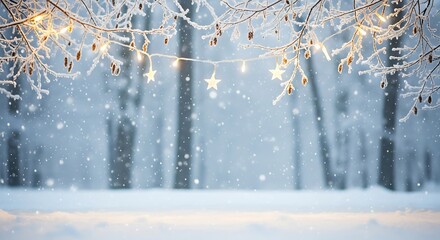 Illustration of winter wonderland with frosted branches and twinkling star lights during snowfall