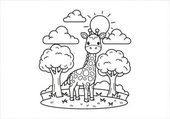 Cute Giraffe Coloring Page with Trees and Sun.