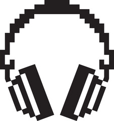 Pixel art modern headphones icon in black color isolated on transparent grid background