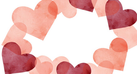 Romantic watercolor hearts frame background with soft overlapping pink and red textures, perfect for conveying love, affection, and tender emotions on special occasions.