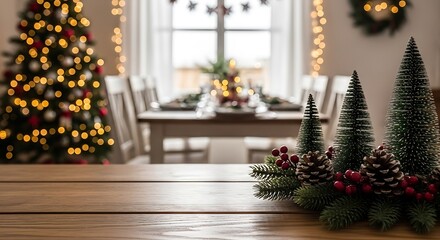 Illustration of cozy christmas dining room scene with a decorated tree, festive table setting, and miniature pine trees on a wooden surface