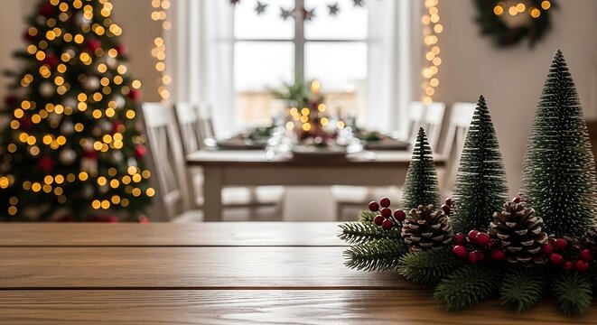 Illustration of cozy christmas dining room scene with a decorated tree, festive table setting, and miniature pine trees on a wooden surface