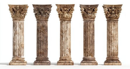 Five antique stone columns with intricate capitals