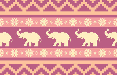 Elephant pattern. Seamless. White stripes, blue background. Ethnicity. Floral patterns, printed fabrics, pants, Lanna.