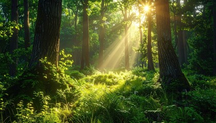 Fototapeta premium Sunlight Streaming Through a Dense Green Forest with Lush Undergrowth and Tall Trees creating a Serene and Vibrant Outdoor Scene