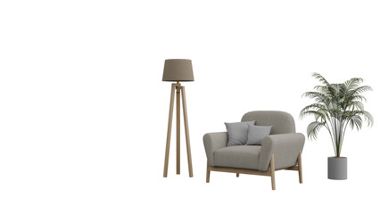 Modern grey armchair with floor lamp and potted plant.