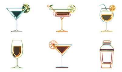Colorful Line Art of Various Cocktails and Drinks on Transparent Background