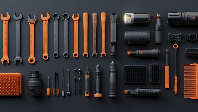 Assorted tools and equipment, orange and black, on a dark background. A top-down view presents various items arranged in a grid pattern