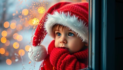 Small child in Santa hat peering through frosty window, anticipating Christmas Eve, festive, night