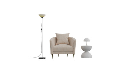 Fototapeta premium Modern home furniture set with armchair floor lamp and table lamp.