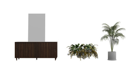 Set of modern interior furniture and houseplants isolated on white.