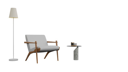Fototapeta premium Modern living room furniture set with armchair lamp and table.