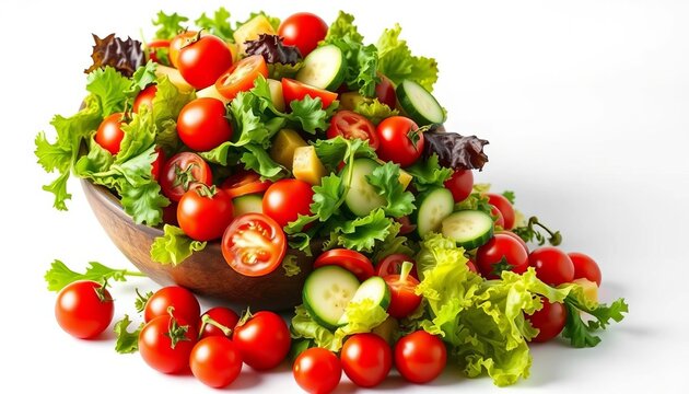 Vibrant fresh salad overflowing from a rustic bowl, with cherry tomatoes, cucumbers, and lettuce cascading onto a pristine white background, stock photo, bowl