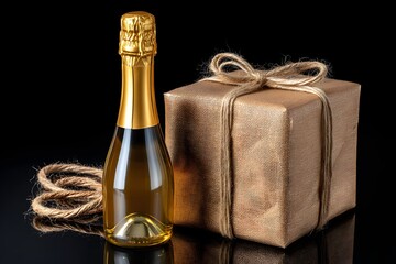 Champagne Bottle and Brown Gift Box with Twine Detail Display