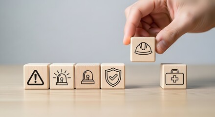 World Day for Safety and Health at Work Health and Safety Blocks for Workplace Compliance Work safety and compliance concept