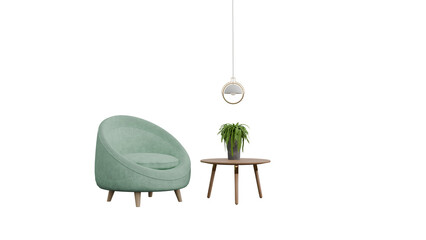 Modern green armchair with coffee table and plant isolated.