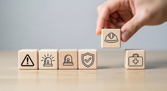 World Day for Safety and Health at Work Health and Safety Blocks for Workplace Compliance Work safety and compliance concept