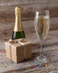 Festive Celebration with Champagne, Gift Box, and Colorful Confetti