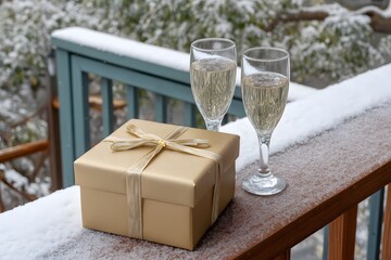 Elegant Gift Box with Champagne Flutes in a Snowy Setting