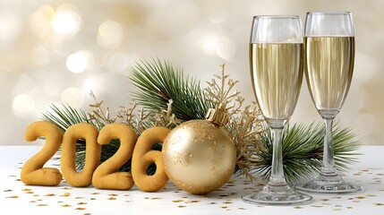 Festive New Year Celebration with Champagne Glasses and 2026 Decor