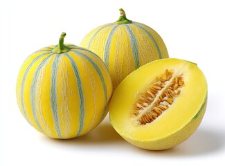 Three striped melons, one cut open to reveal seeds and golden flesh, on white