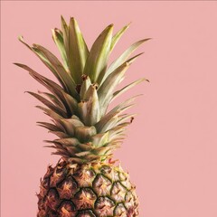 Close-up of a ripe pineapple with green spiky crown against a soft pink background
