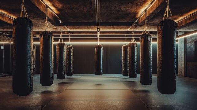 A boxing gym with many black punching bags hanging from the ceiling