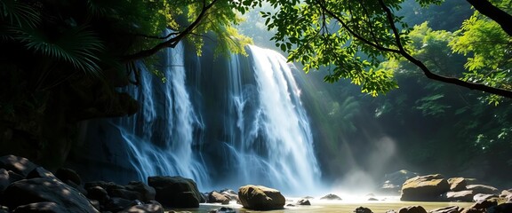 Lush green canopy frames a cascading Thai waterfall, mist rising, sunlight dappling the rocks,  cool,  water