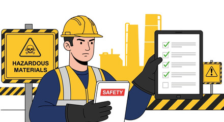 Occupational safety inspector reviewing checklist at industrial facility for compliance