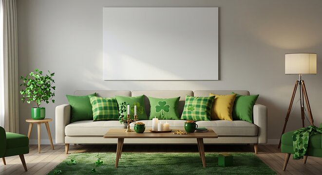 Modern living room interior with a cozy sofa decorated with green pillows for St. Patrick's Day and a blank mockup poster frame