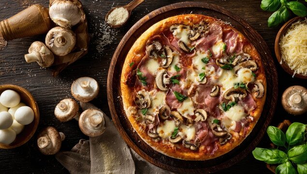 Overhead shot of a pizza with mushrooms, ham, cheese, and ingredients on a wooden table