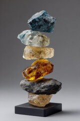 Stacked translucent, colorful mineral chunks balanced atop a small, black square base